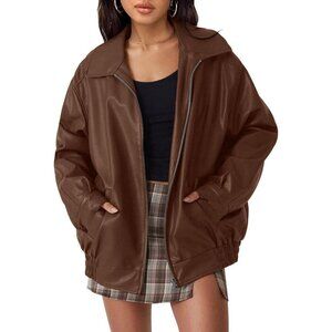 Women's Caramel Faux Leather Fabric Jacket Coat Style Winter Warm Zipper Closure